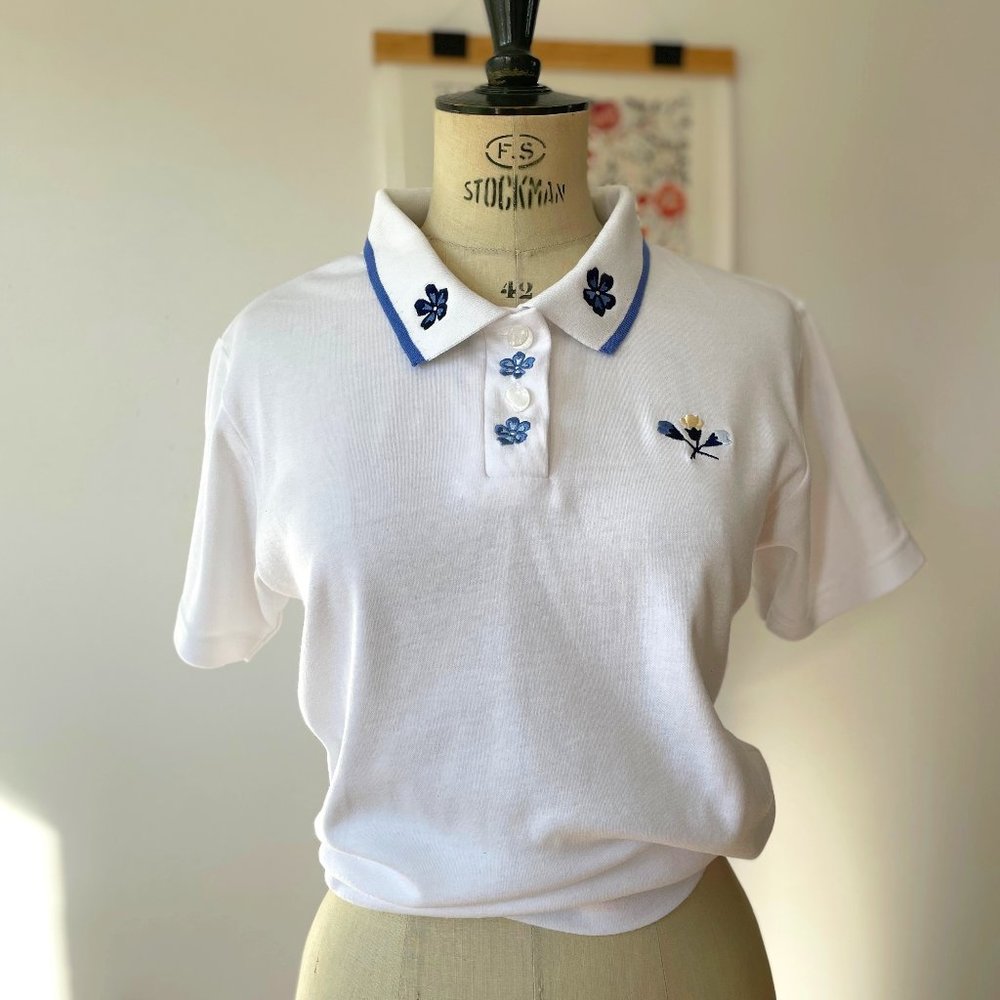Vintage Polo Shirt With Embroidered Flowers